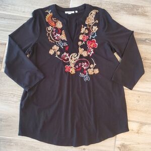 Chico's Tunic Top Shirt Medium 1 Black Floral Embroidered Pima Cotton Modal Boho